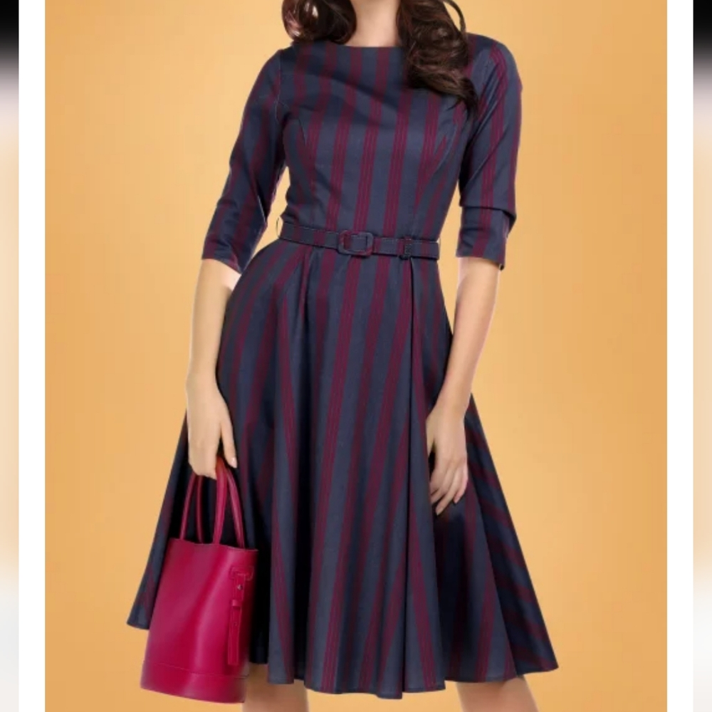 Collectif Navy and Burgundy Striped Midi Dress